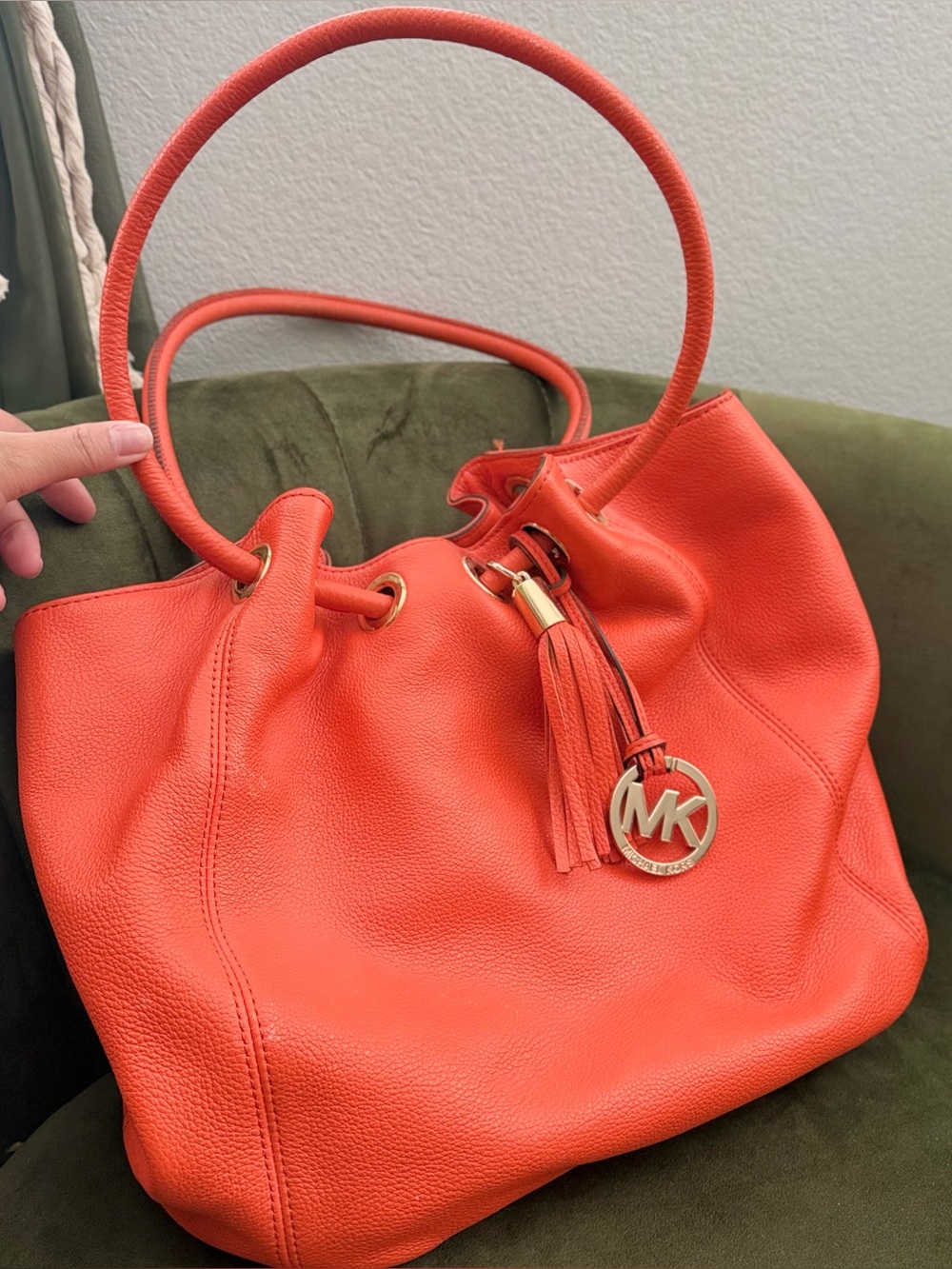 Michael Kors Coral-Orange Pebbled Leather Tassel Tote - Picture 2 of 4